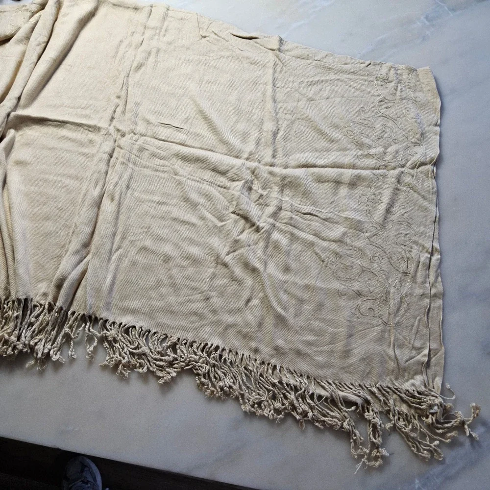 Coldwater Creek Embroidered Fringe Scarf Shawl Wrap Neutral Tan‎